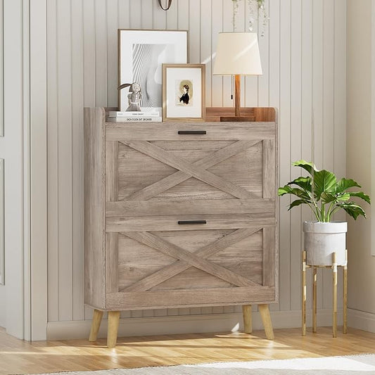 Homleke 32" W Farmhouse Shoe Storage Cabinet with 2 Flip Drawers and Barn Door Design, Adjustable Shelves, Modern Hidden Slim Narrow Shoe Rack Cabinet for Entryway, Foyer, Hallway, Living Room, Greige