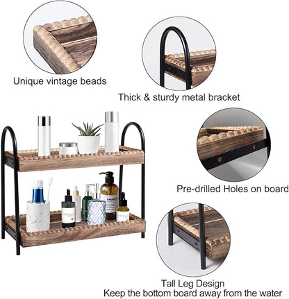 BDBDYEAY Bathroom Countertop Organizer, 2 Tier Vanity Organizer and Storage for Cosmetic Skincare Perfume, Wood Bead Storage Shelf for Bathroom Kitchen Coffee Station