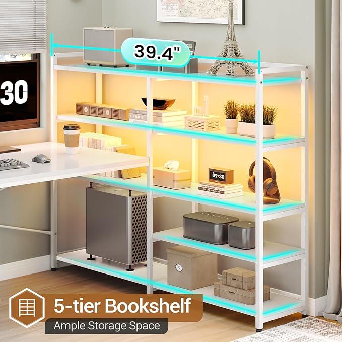 SEDETA White Computer Desk with Drawers, 64.5" Reversible Office Desk with Fabric File Drawer, Corner Computer Desk with Power Outlet & LED Strip and Storage Bookshelf