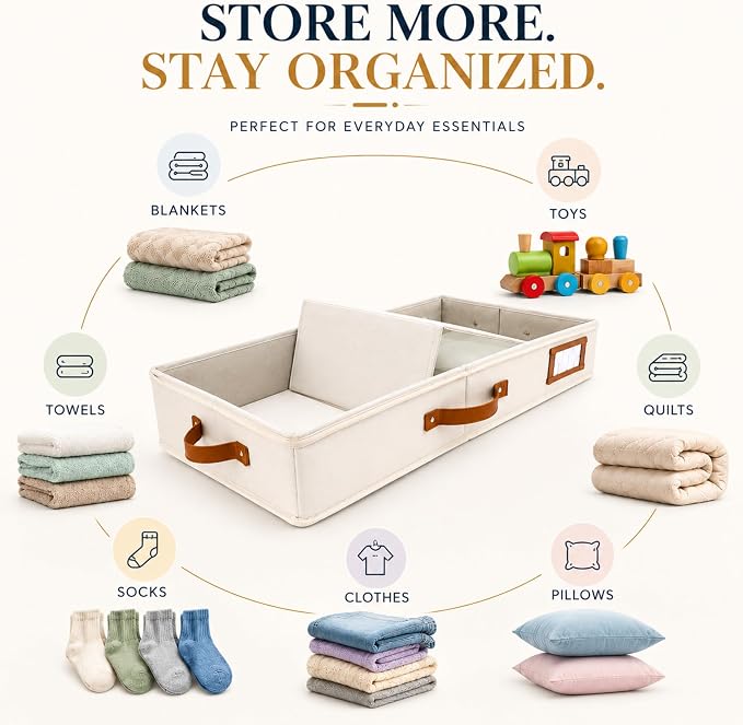 HOMELUX THEORY 2pc Under Bed Storage Containers, Bedroom Under the Bed Drawer Storage Organizer with Bins and Lids, Medium Underbed Clothes Storage Box Ideal for Blanket, Fabric, & Shoes (Ivory)