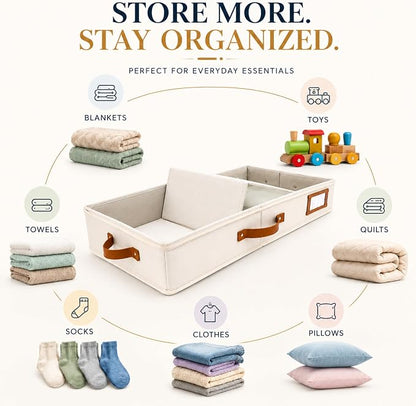 HOMELUX THEORY 2pc Low Profile Under Bed Storage Containers, Thin Under Couch Storage Organizer with Bins & Lids, Underbed Storage Box Ideal for Seasonal Clothes, Blankets, Fabric & Shoes (Ivory)