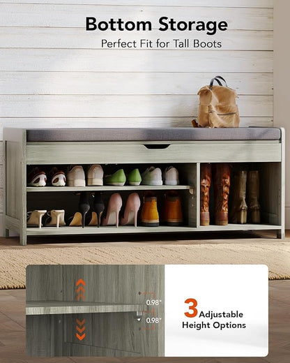 Pipishell 2-Tier Shoe Storage Bench with Cushioned Seat, Entryway Bench with Adjustable Shelf & Barn Doors, 300 lbs Capacity, 43.4" W x 16" D x 18" H, for Entryway, Bedroom, Living Room, Gray