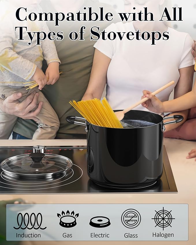 Cook N Home Professional 10.5 Quart Non stick Stock Pot with Lid, Riveted Handles, Big Soup Pot for Holiday Feasts, Stockpot with Even Heating, Induction Cookware, Oven & Dishwasher Safe, Black
