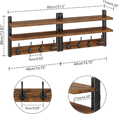 YMYNY Coat Rack Wall Mount with Shelf, Two-Tier Wall Shelf Mounted with 8 Hooks, Wooden Wall Coat Rack for Entryway, Bedroom for Hanging Clothes/Coats/Keys/Hats/Towels, Rustic Brown, HWS009H-2