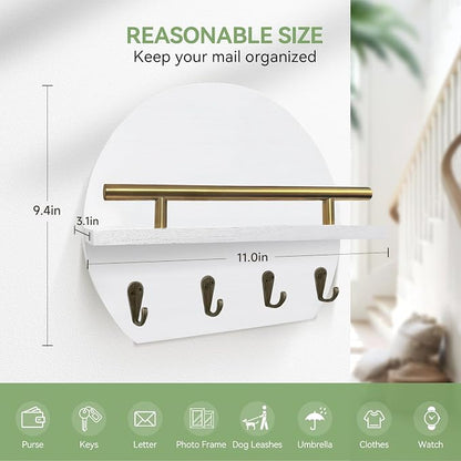 Key Holder Wall Mount Mail Organizer with Shelf & 4 Hooks, Semicircle Decorative Key Rack, Rustic Key Hanger for Entryway, Apartment Essentials, Home Decor Aesthetic