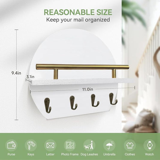 Key Holder Wall Mount Mail Organizer with Shelf & 4 Hooks, Semicircle Decorative Key Rack, Rustic Key Hanger for Entryway, Apartment Essentials, Home Decor Aesthetic