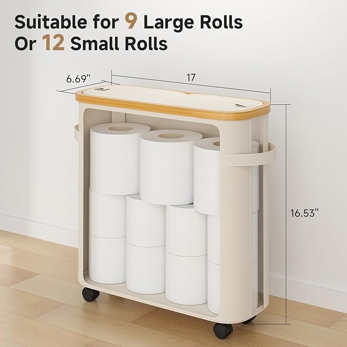 VITVITI Toilet Paper Storage Basket with Lid, Bathroom Toilet Paper Holder Organizer for 9-12 Rolls Large Capacity, Foldable Fabric Bamboo Toilet Paper Container with Pockets, Medium (Beige)