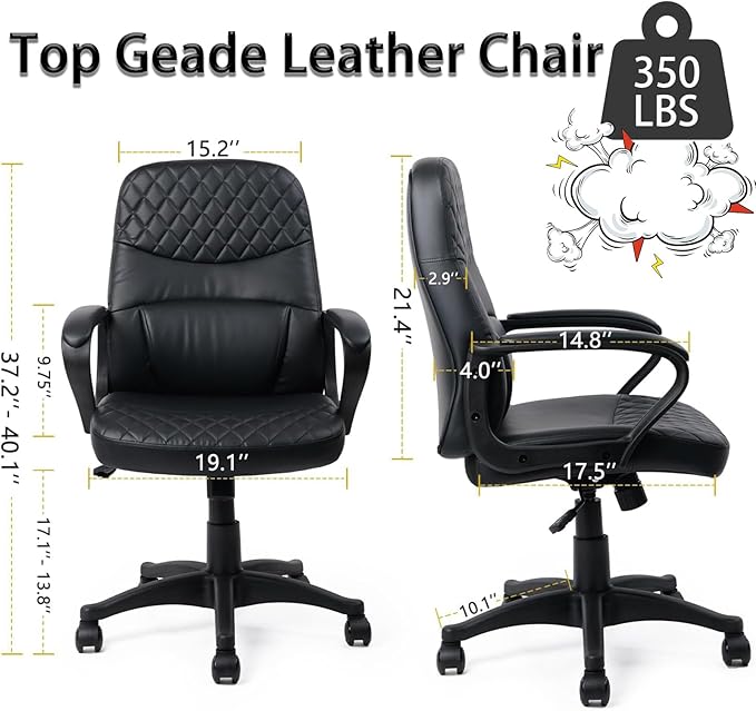 CLATINA Office Chair - Mid Back Leather Computer Desk Chairs with Wheels, Ergonomic Executive Swivel Stool with Lumbar Support, Armrest for Home Office, Black