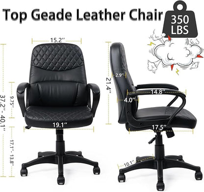 CLATINA Office Chair - Mid Back Leather Computer Desk Chairs with Wheels, Ergonomic Executive Swivel Stool with Lumbar Support, Armrest for Home Office, Black
