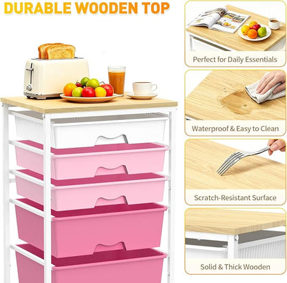 SUNALLY Rolling Storage Utility Cart With 5 Drawers, 5 Tier Rolling Cart with Wooden Tabletop and 2 Lockable Wheels, Storage Drawer Cart for Craft Art Supply Storage & Home Office Organization, Pink