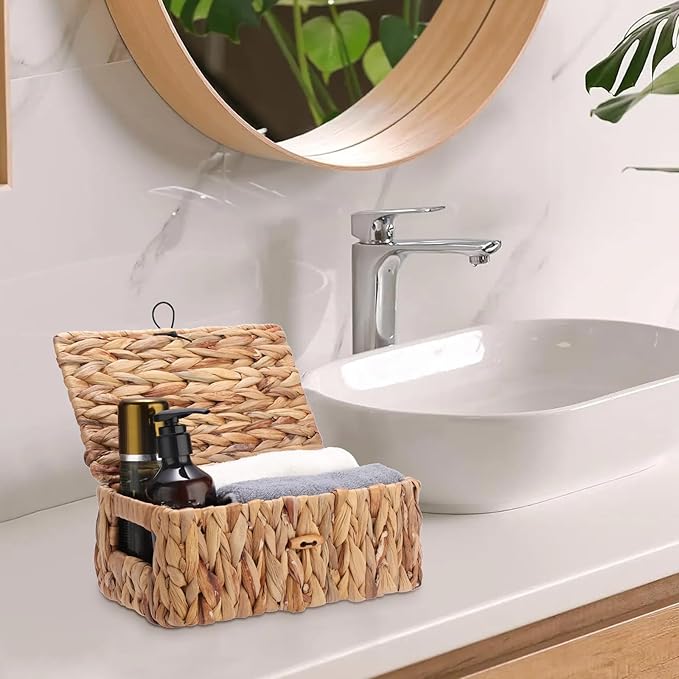 Sumnacon Storage Basket with Lid, Water Hyacinth Shelf Baskets for Organizing, Farmhouse Bathroom Woven Bins for Tampons and Pads, Toilet Paper, Towels,Decorative Organizer Box for Counter, Vanity (S)