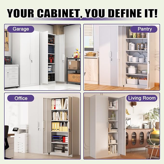 71''H Metal Garage Storage Cabinets with Lock, White Tall Storage Cabinet with Doors and 4 Adjustable Shelves, Lockable Steel File Cabinet for Office, Home, Garage (White, 71"H x 31.5"W x 16.5"D)