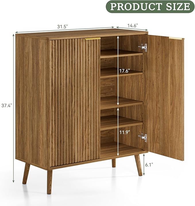 Fluted Shoe Cabinet with Doors,5-Tier Freestanding Shoe Storage Cabinet with Adjustable Shelves, Wooden Shoe Rack Organizer Cabinet for Entryway,Hallway,Natural Oak