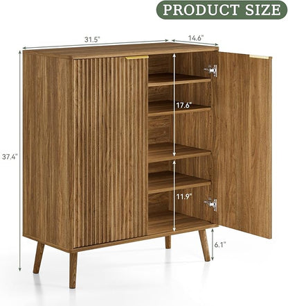 Fluted Shoe Cabinet with Doors,5-Tier Freestanding Shoe Storage Cabinet with Adjustable Shelves, Wooden Shoe Rack Organizer Cabinet for Entryway,Hallway,Natural Oak
