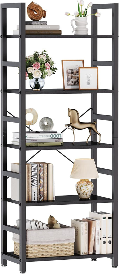 DUMOS 5-Tier Bookshelf, Modern Tall Bookcase, Open Storage Display Shelf for Living Room, Bedroom, Home Office, Narrow Standing Shelving Unit for Books, CDs, Décor，Modern Black