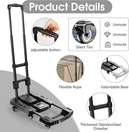 Voipvvii Folding Hand Truck 500lbs, Portable Heavy Duty Dolly Cart, 6 Wheels Collapsible Luggage Cart with 2 Elastic Ropes - Compact Trolley Cart for Easy Moving - Ideal Hand Cart for Travel and More