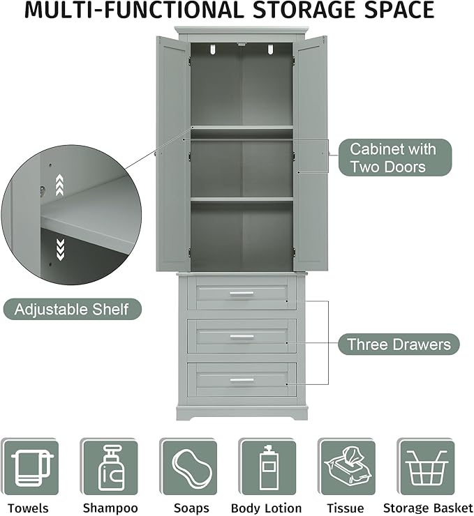Polibi Tall Storage Cabinet with 3 Drawers, 3-Tier Adjustable Shelves & 2 Doors, Floor Freestanding Linen Cabinet for Bathroom, Living Room, Grey