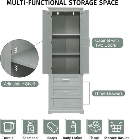 Polibi Tall Storage Cabinet with 3 Drawers, 3-Tier Adjustable Shelves & 2 Doors, Floor Freestanding Linen Cabinet for Bathroom, Living Room, Grey