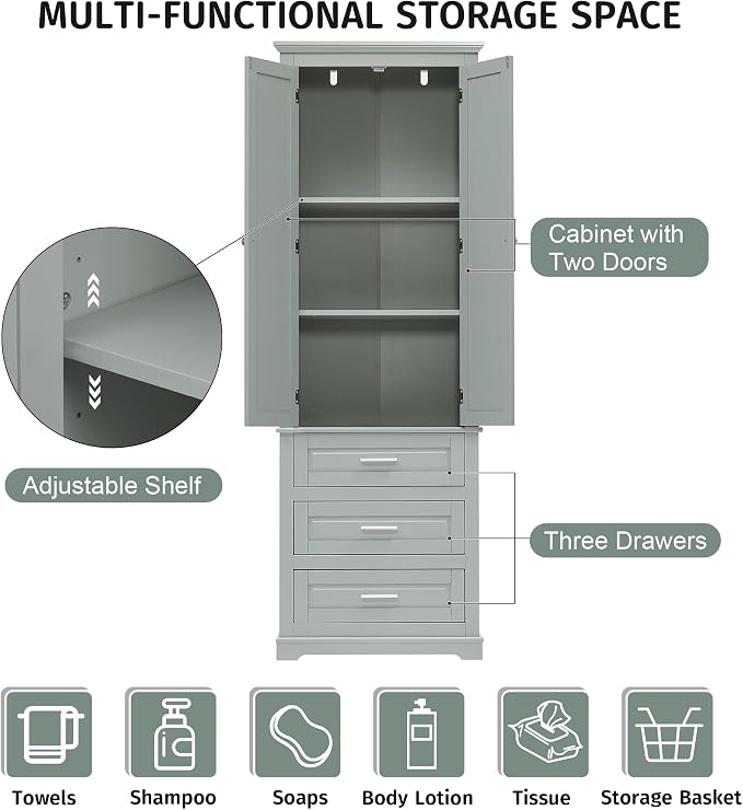 Storage Cabinet, Tall Bathroom Cabinet with Adjustable Shelf | Tall storage cabinet, upper enclosed cabinet and 3 pull-out compartments keep daily essentials organized