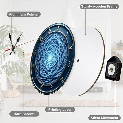 Wall Clock, Abstract Pattern Non Ticking Wall Clocks Battery Operated, Blue Wooden Wall Clocks for Kitchen, Living Room, Bedroom, Office, Bathroom Decorative 10 Inch