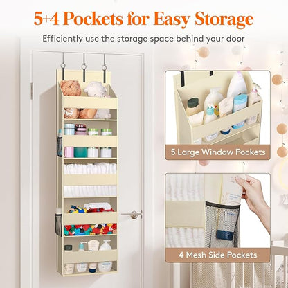 Lifewit 1 Pack Over the Door Organizer, Clear Window Hanging Storage with 4 Side Pockets, Anti Tilt 40 lbs Load Behind Door for Pantry, Nursery, Bathroom, Bedroom, Dorm, 5 Section, Beige
