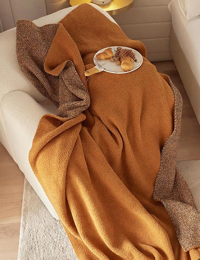 Burnt Orange Throw Blanket 50x70, Reversible Textured Fleece Blankets for Couch and Bed, Soft Warm Decorative Cozy Sofa Blanket for All Seasons