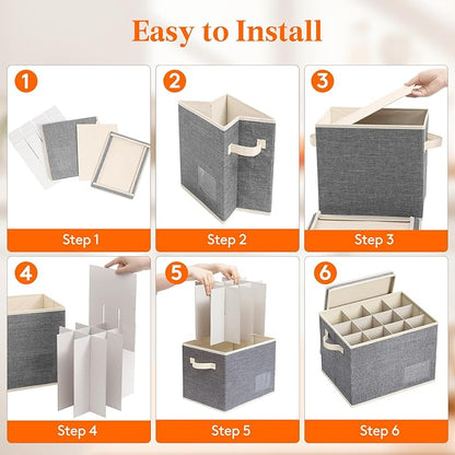 Lifewit 3 Pcs Wine Glass Storage Box with Dividers, Stackable Cationic Hard Shell Stemware Organizer with 36 Cells, Foldable Dustproof China Containers for Moving, Light Grey