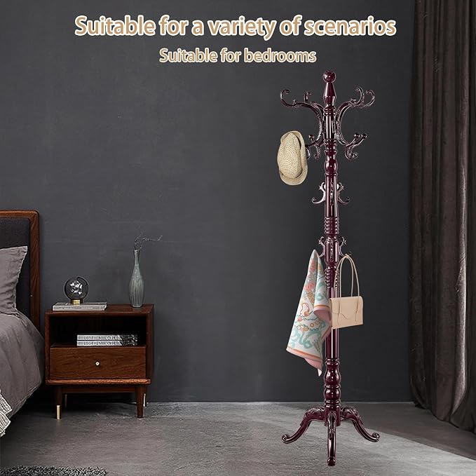 ZOZOE Wooden Classic Coat Rack Stand, Solid Wood Coat Rack Freestanding with 14 Hooks, Vintage Coat Racks with Sturdy Triangle Base, Natural Birch Wood Coat Clothes Tree Stand for Entryway Hallway