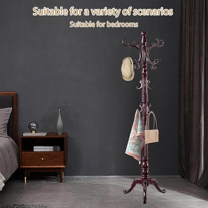 ZOZOE Wooden Classic Coat Rack Stand, Solid Wood Coat Rack Freestanding with 14 Hooks, Vintage Coat Racks with Sturdy Triangle Base, Natural Birch Wood Coat Clothes Tree Stand for Entryway Hallway