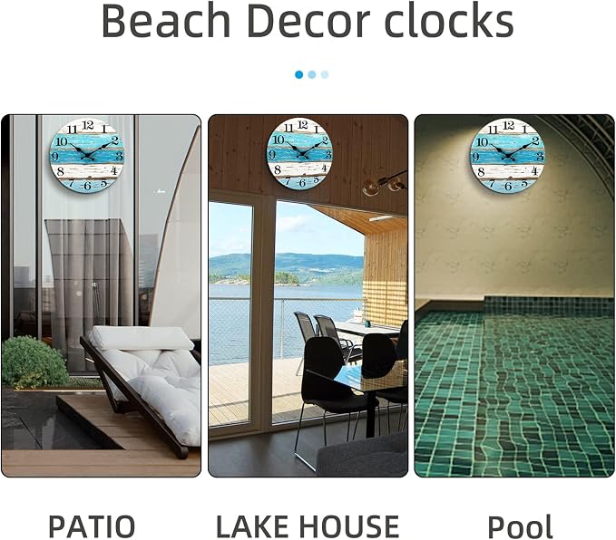 CHYLIN Wall Clock, 18 Inch Beach Wall Clocks Battery Operated, Coastal Ocean Themed Blue Clock Decor for Lake House, Home Clearance, Kitchen, Pool, Bathroom(18")
