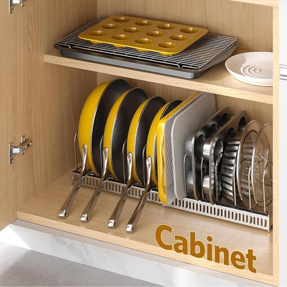 ORDORA Pots and Pans Organizer under Cabinet with Pan Holder: Expandable 11.8"-22.8" Kitchen Cabinet Organizer Rack, 12 Adjustable Dividers Storage for Cookie Sheets, Cutting Boards & Lid, Silver