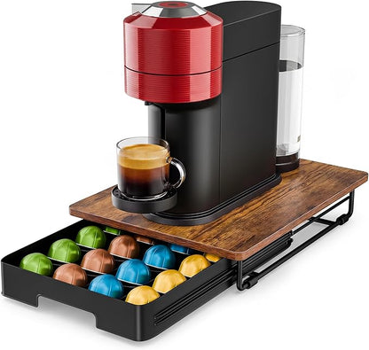EVERIE Coffee Pod Drawer Compatible with Nespresso Vertuo Capsules, Low Profile Wooden Pod Holder, 24-Slot Rustic Brown Organizer with Metal Frame, 15.9 x 12 x 3 In