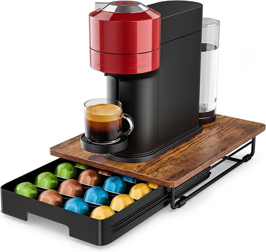 EVERIE Coffee Pod Drawer Compatible with Nespresso Vertuo Capsules, Low Profile Wooden Pod Holder, 24-Slot Rustic Brown Organizer with Metal Frame, 15.9 x 12 x 3 In