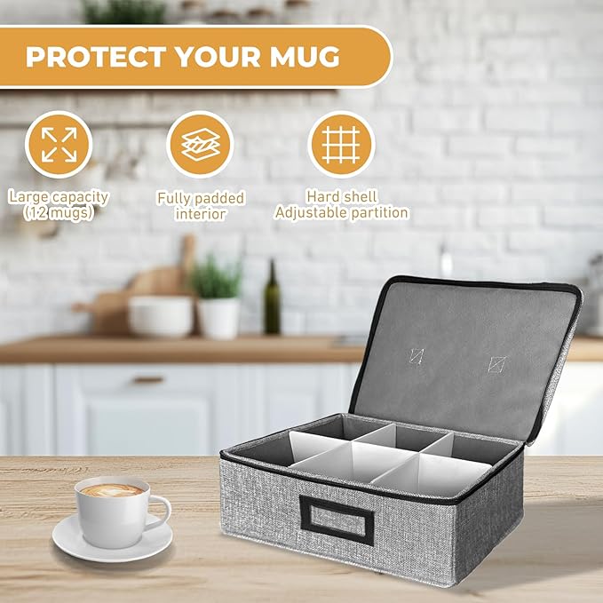 HURZMORO Cup and Mug Storage Box with Dividers – Stackable Hard Shell Organizer with Zipper Lid and Handles, Holds 6 Coffee Mugs or Tea Cups, Ideal for Moving and Packing(Grey)