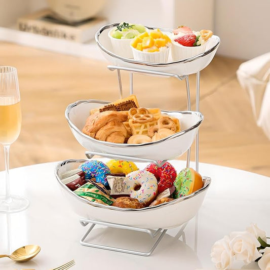 MEIGLQEA Gold Silver Fruit Bowl with Metal Stand, 3 Tier Ceramic White Fruit Bowl Fruit Rack for Kitchen Counter, Tiered Fruit Basket for Snacks Bread Candy Storage (White B (Smooth Surface))