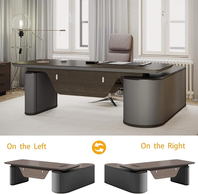 86.6" Reversible L-Shaped Adjustable Height Executive Desk with Oval Storage Cabinet - Black/Brown Standing Desk, Rounded Corners, 3 Drawers & 2 Door Compartments, Flexible Home & Office Workstation