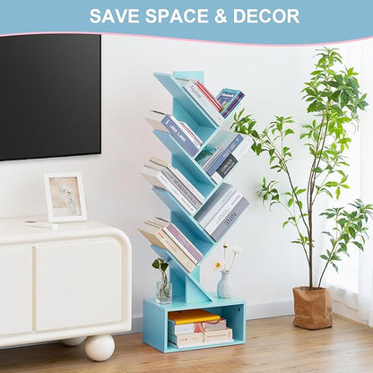 Yoobure Tree Bookshelf - 6 Shelf Retro Floor Standing Bookcase, Tall Wood Book Storage Rack for CDs/Movies, Utility Book Organizer Shelves for Bedroom, Living Room, Home Office Blue