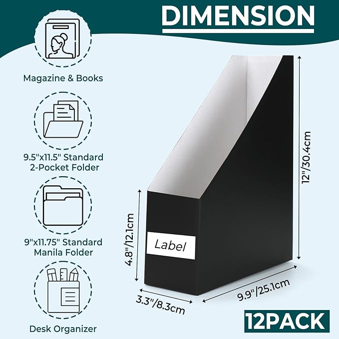 EXYGLO 12 Pack Black Magazine File Holder, Cardboard Magazine Rack with Label, Foldable Storage Organizer Box for Book, Documents, 9.9x3.3x12 Inches