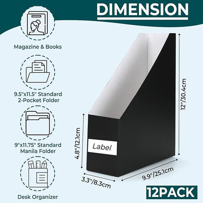 EXYGLO 12 Pack Black Magazine File Holder, Cardboard Magazine Rack with Label, Foldable Storage Organizer Box for Book, Documents, 9.9x3.3x12 Inches