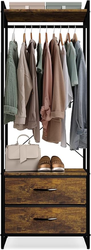 Sorbus Clothing Rack with Drawers - Clothes Stand Dresser - Wood Top, Steel Frame, & Fabric Drawers - Tall Closet Storage Organizer - Garment Rack for Hanging Shirts, Dresses, & Jackets