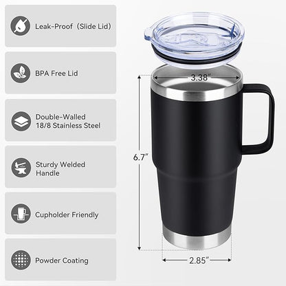 20oz Tumbler Bulk with Lid, Stainless Steel Tumbler Bulk with Handle, Metal Insulated Travel Coffee Mug Set with Handle, Double Wall Vacuum Leak Proof Tumbler Cup, Black 12 Pack