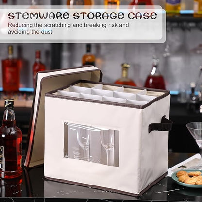 Uiifan 4 Pcs Champagne Flute Storage Box with Dividers 12 Compartment Stemware Storage Cases China Container Box with Lid, Handles, PVC Window for Moving, Beige