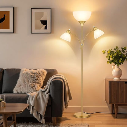Floor Lamp for Living Room,72" Dimmable Torchiere Lamp with 2 Reading Lights for Bedroom, Gold Tall Standing Room Lamp, 3 Bulbs Included