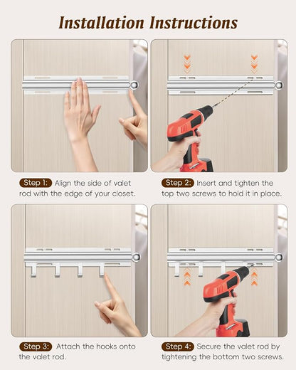 Supforce Valet Rod for Closets, 12" Valet Rod With 4 Hooks, Closet Organizer Slide Out Clothing Hanger Rods Extender Perfect for Suits,Dresses,Belt,Tie, Black