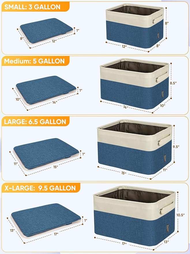 BALEINE 4 Pack Fabric Closet Storage Bins for Shelves, Linen Closet Organizers and Storage, Decorative Baskets for Organizing, Shelf, Clothes, Home, Office (Navy Blue, 14''x10''x8.5'')