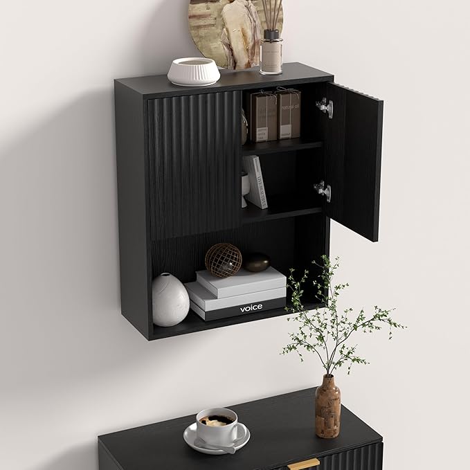 Fluted Bathroom Wall Cabinet Over The Toilet Storage,Wall Mounted Cabinet with Adjustable Shelf,Floating Cabinet Organizer Hanging Cabinet,Kitchen and Laundry Room Cabinets (Black, 1 PC)