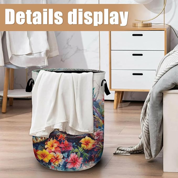 Sea Turtle Laundry Basket, Foldable Colorful Floral Laundry Hamper Tote Bag Dirty Clothes Storage Bucket Toy Organizer for Bathroom/Laundry/Bedroom 15.7"x19.6"