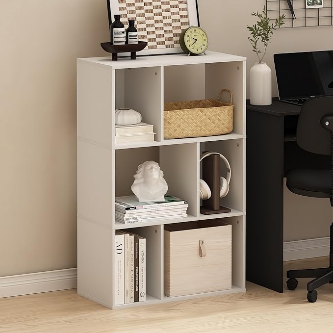 Furinno DALY Book Shelf, 6-Cube Bookshelf, Cube Storage Organizer Bookcase with Irregular Compartments, 11.7 x 23.6 x 36.8, for Living Room, Bedroom, Home Office, White
