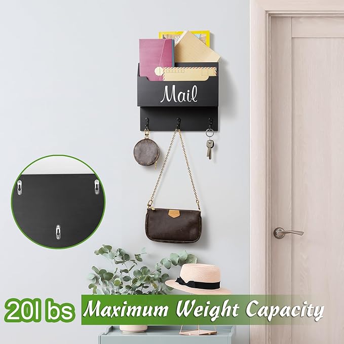 DRASTAR Mail Organizer Wall Mounted, Wooden Mail Sorter & Key Holder for Wall, Hanging Mail Organizer, Black Mail Basket for Home Office