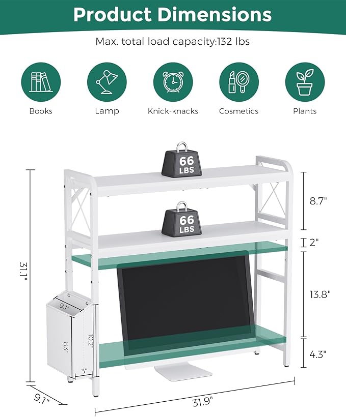 Desktop Shelves, Monitor Stand with Adjustable Shelves and Side Pockets, 2-Tier Desktop Bookshelf Organizer, Large Capacity Display Shelf Rack, Desk Hutch for Home Office, Study Room, White